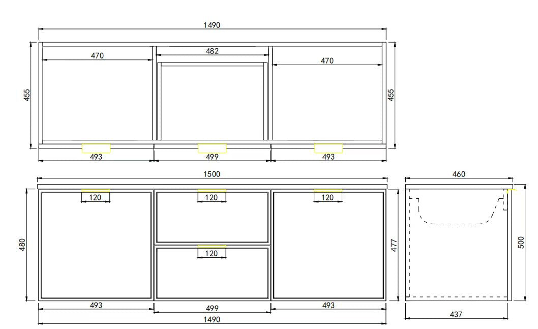 1500mm Miami Wall Hung Vanity PVC Cabinet Only - Single/Double Bowl - Matte Black