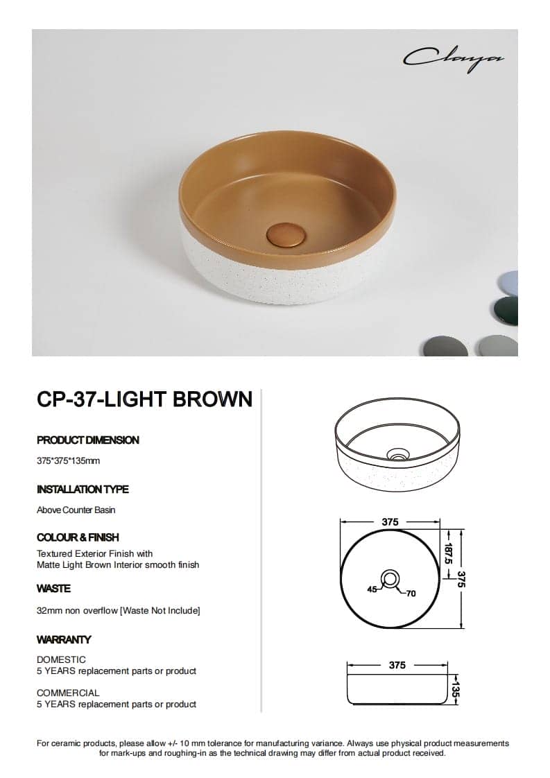 370mm Light Brown & Matte White Round Ceramic Basin | CP-37-LB