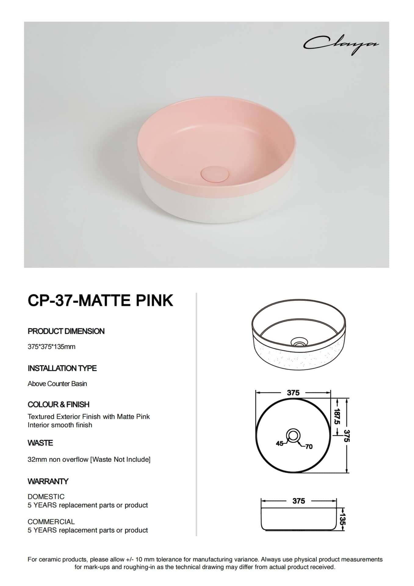 370mm Matte Pink & Matte White Round Ceramic Basin | CP-37-MP