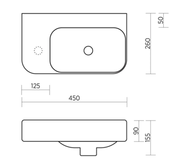 Clay 450mm Wall Hung Basin with Right Hand Bowl - Gloss White