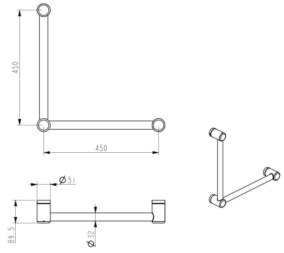 DDA 450x450mm - 90 Degree Grab Rail - Chrome