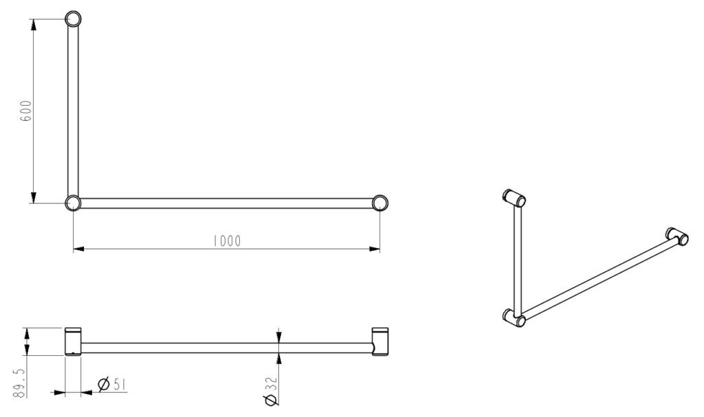 DDA 600x1000mm - 90 Degree Grab Rail - Chrome