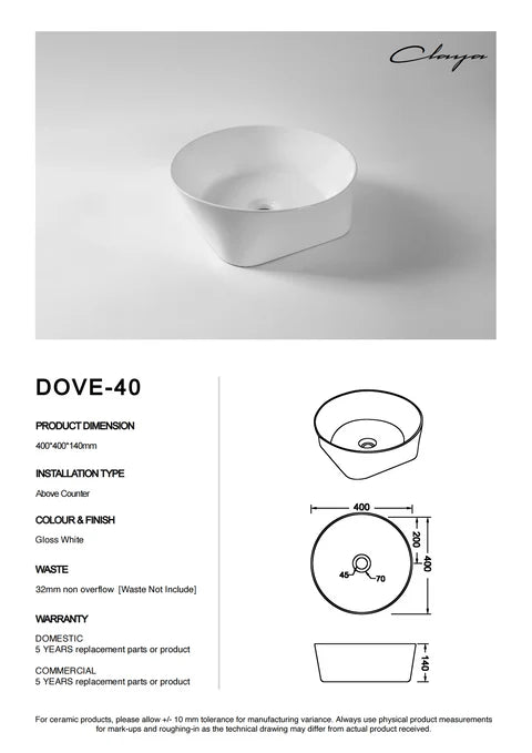 400*400*140mm Gloss White Above Counter Basin