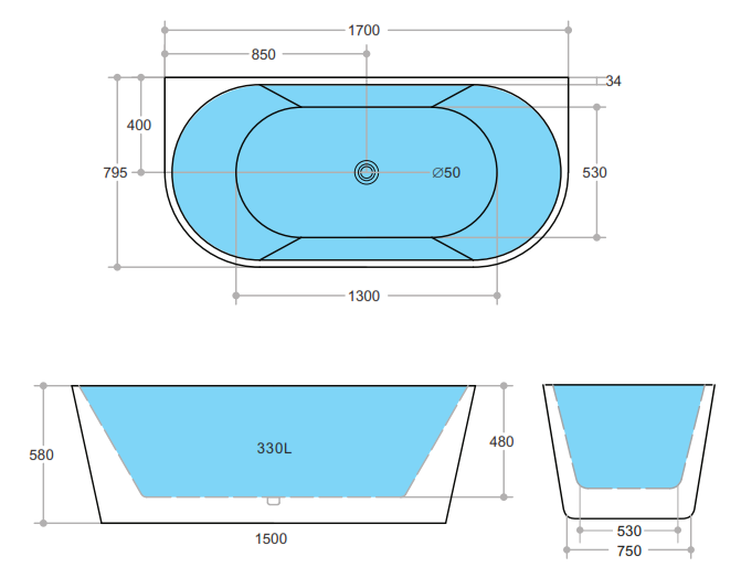1700mm Back to Wall Bathtub - Matte Black & Matte White