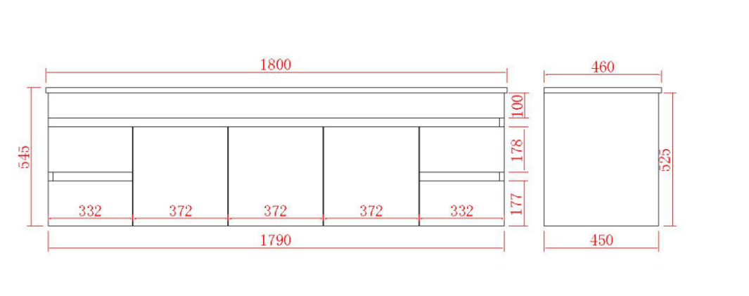 1800mm Evie Wall Hung Vanity PVC - Cabinet Only - Side Drawers / Double Bowl - Oak