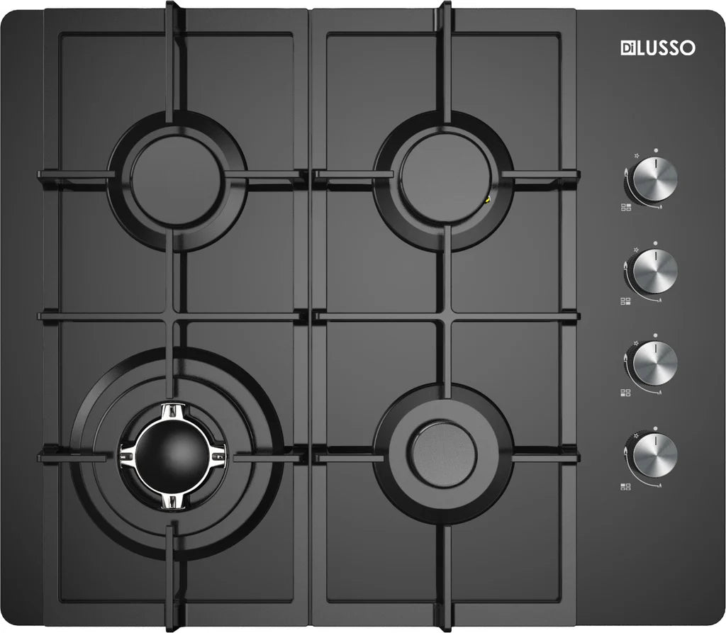 600mm Black Glass Gas Cooktop - 4 Sabaf Burners incl. Wok burner, FFD, Cast Iron Trivets
