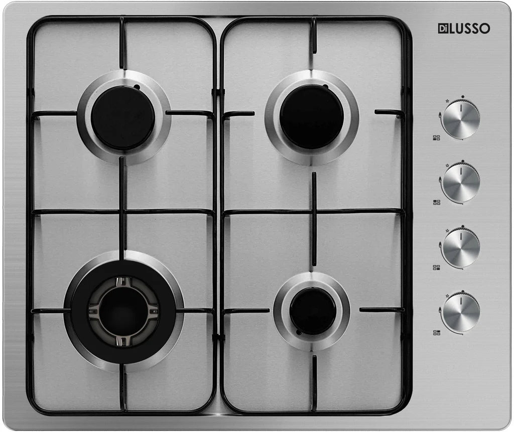 600mm SS Gas Cooktop - 4 Sabaf Burners incl. Wok burner, FFD, Black Enamelled Trivets