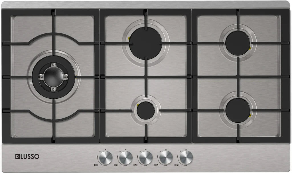 900mm SS Gas Cooktop - 5 Sabaf Burners incl. Side Wok burner, FFD, Cast Iron Trivets Limited stock