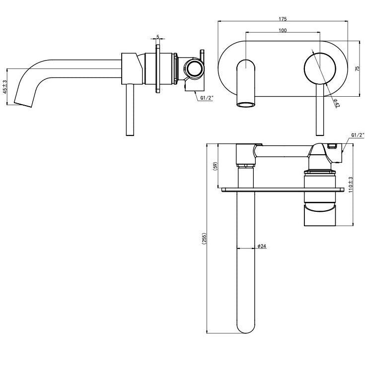 Gigi S3 1-Plate Wall Basin or Bath Mixer - Brushed Brass