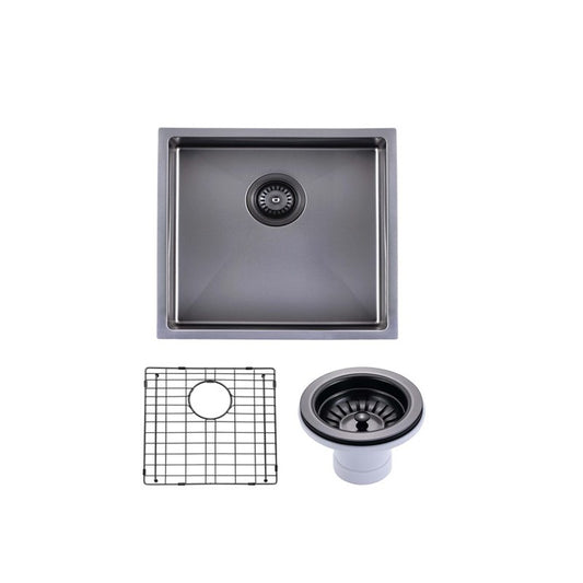 (C-440 Black)Round Corner Stainless Steel Gun Metal Grey PVD Coating Single Bowl Kitchen Sink(with Bottom Grid) 440*440*205mm