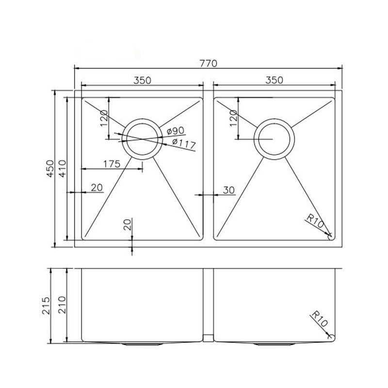 (C-770 Black)Round Corner Stainless Steel Gun Metal Grey PVD Coating Double Bowl Kitchen Sink(with Bottom Grid) 770*450*215mm