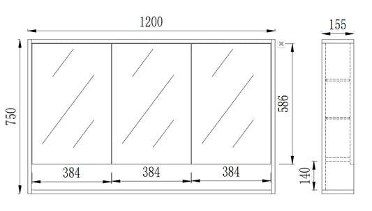 1200mmx750mm PVC Shaving Cabinet With Shelf - Prime Oak