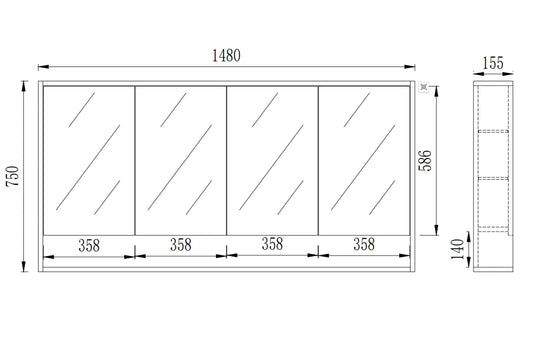 1500mmx750mm PVC Shaving Cabinet With Shelf - Classic Oak