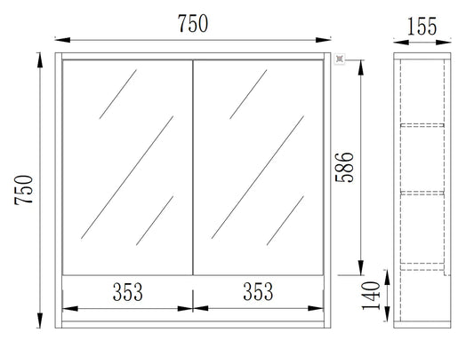 750mmx750mm PVC Shaving Cabinet With Shelf - Prime Oak