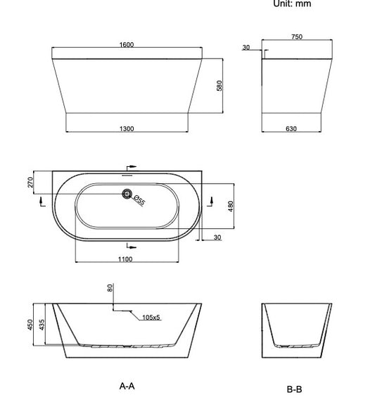 Idalia 1600mm Back to Wall Bath with Overflow - Gloss White