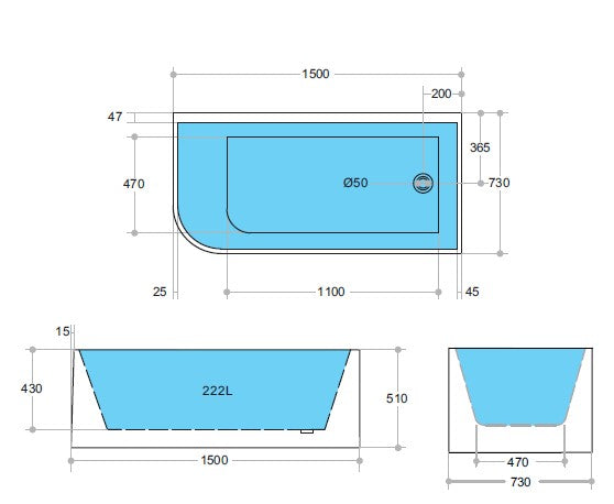 1500mm Right Corner Back to Wall Bathtub - No Overflow - Gloss White