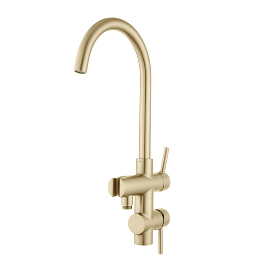 Round Light Brushed Brass Freestanding Bath Mixer With Handheld Shower
