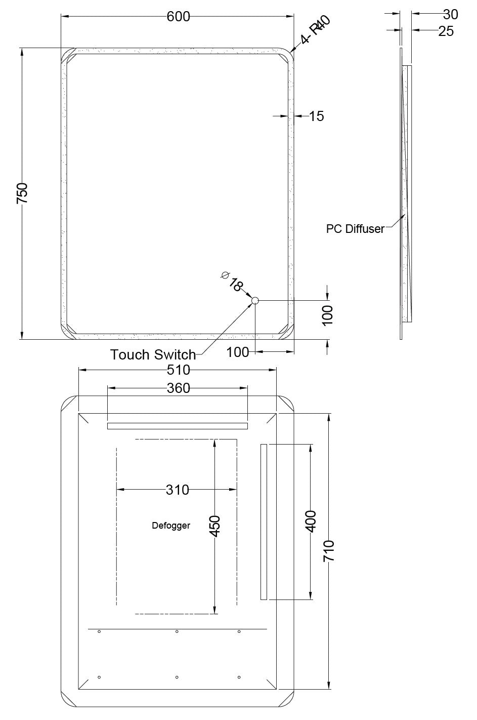 Backlit LED Frameless Mirror LDE - 600x750mm