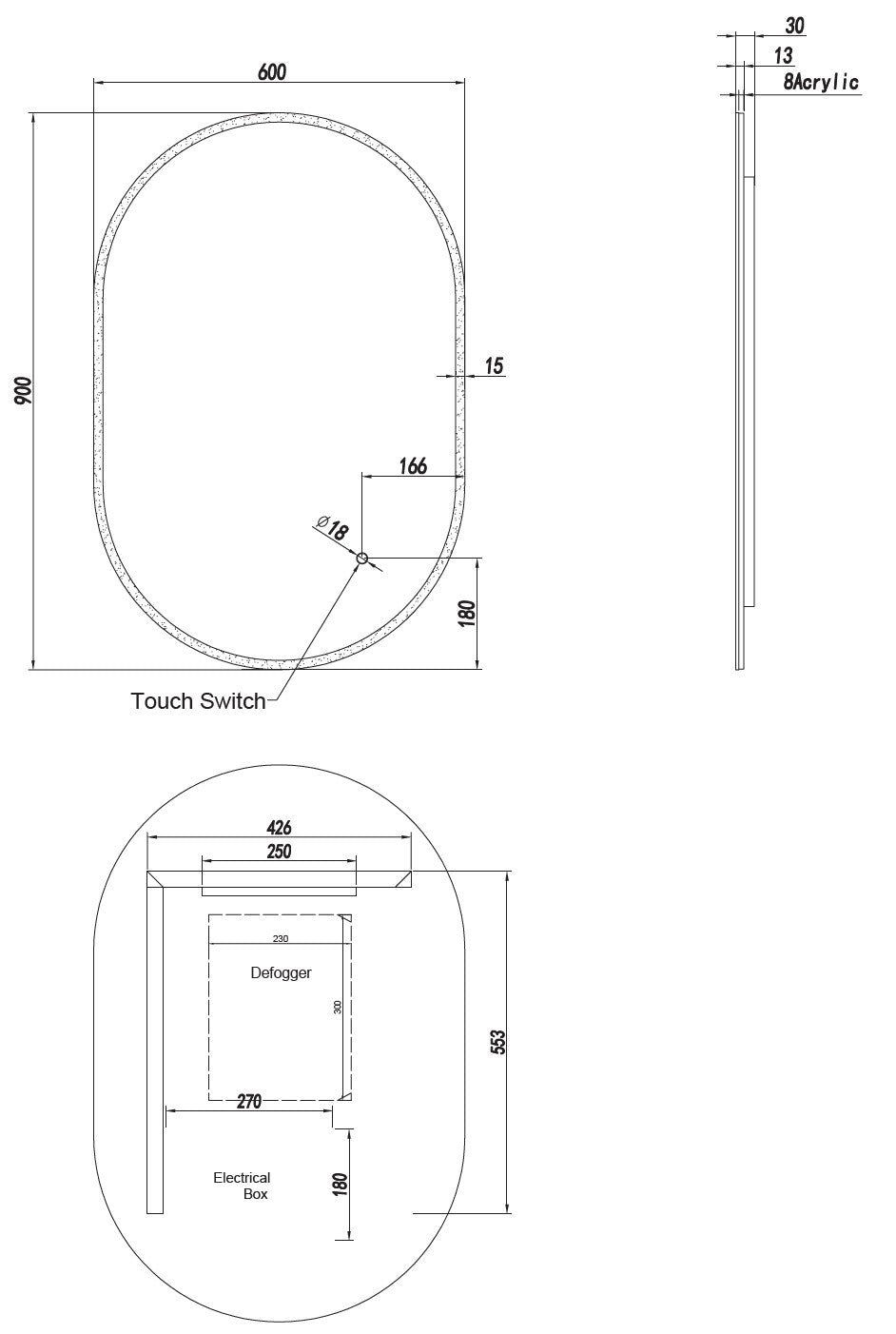 Oval Acrylic LED Frameless Mirror - 600x900mm