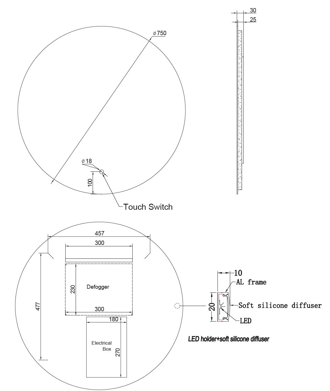 Round Backlit LED Frameless Mirror - LDR1750mm (LED-R1 75x75)