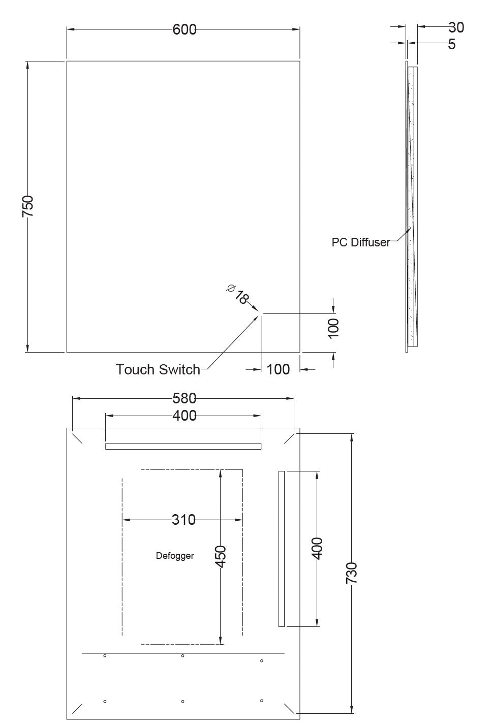 Sharp Edged LED Frameless Mirror - LDS 600x750mm
