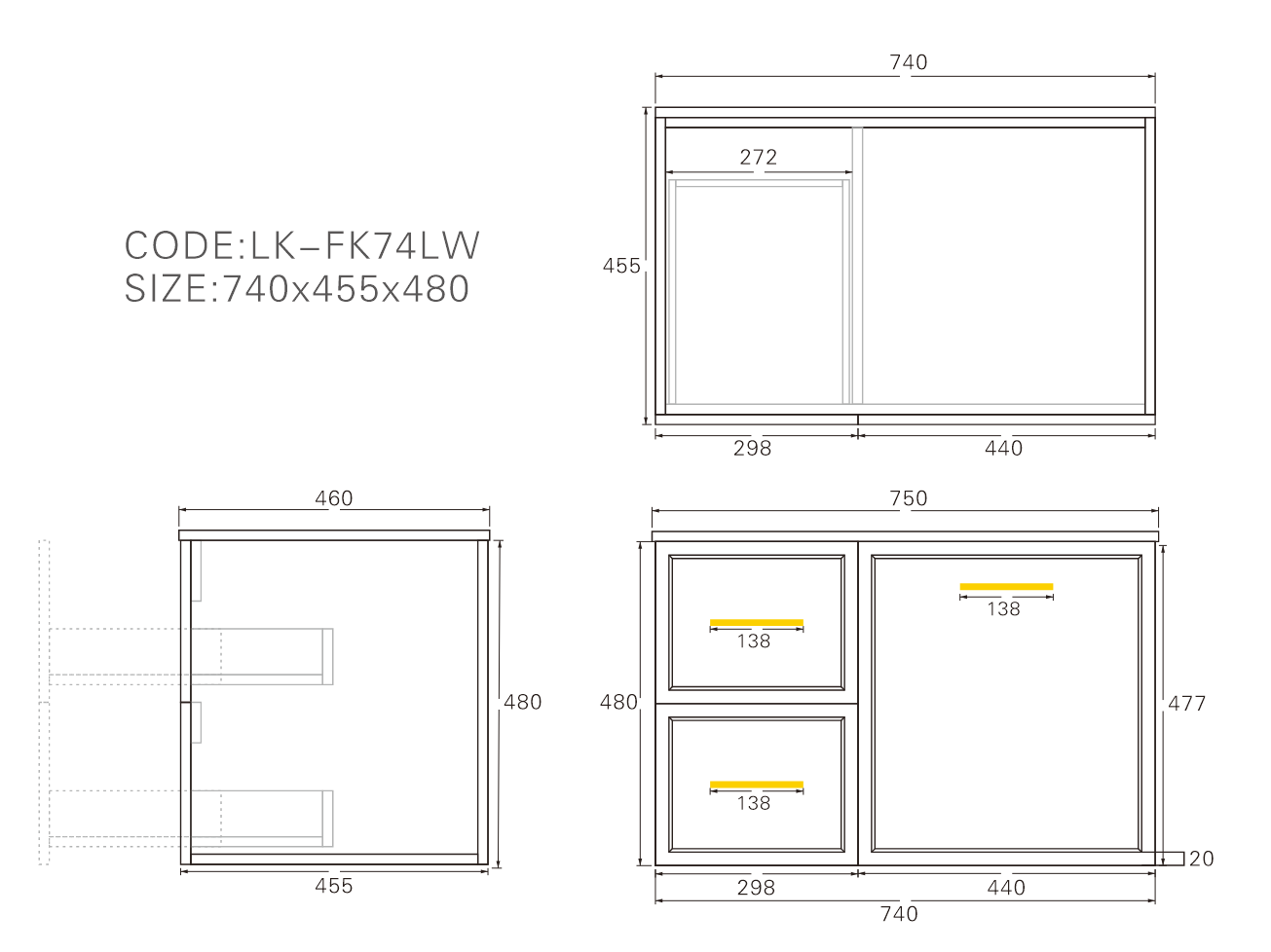 750mm Kingsley Federation Fluted Wall Hung PVC Left Drawer Cabinet - Olive Green - Cabinet Only