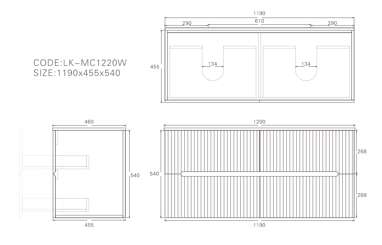 1200mm Cabarita Fluted Wall Hung PVC Double Bowl Cabinet - Matt White - Cabinet Only