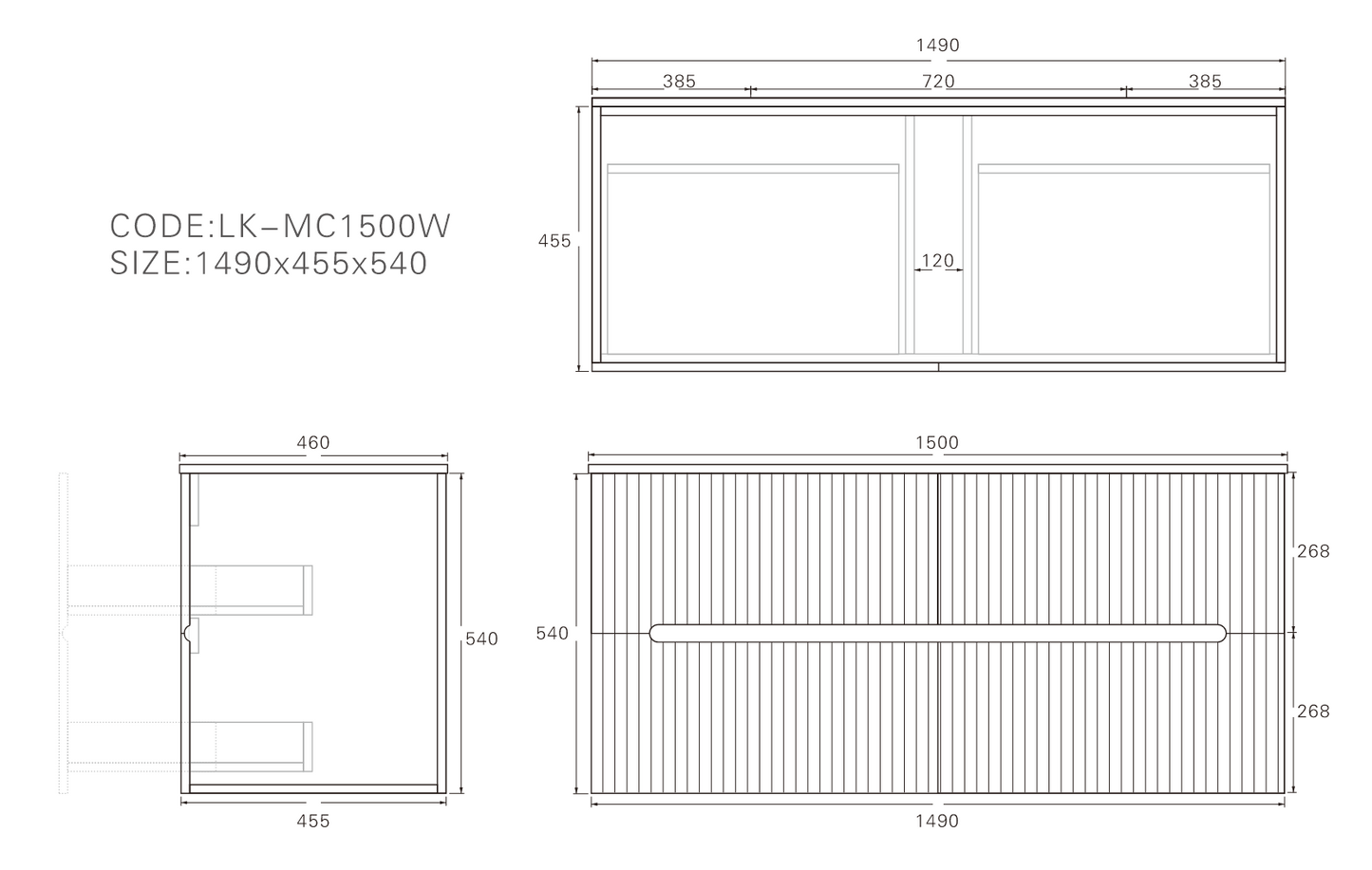 1500mm Cabarita Fluted Wall Hung PVC Single Bowl Cabinet - Matt White - Cabinet Only