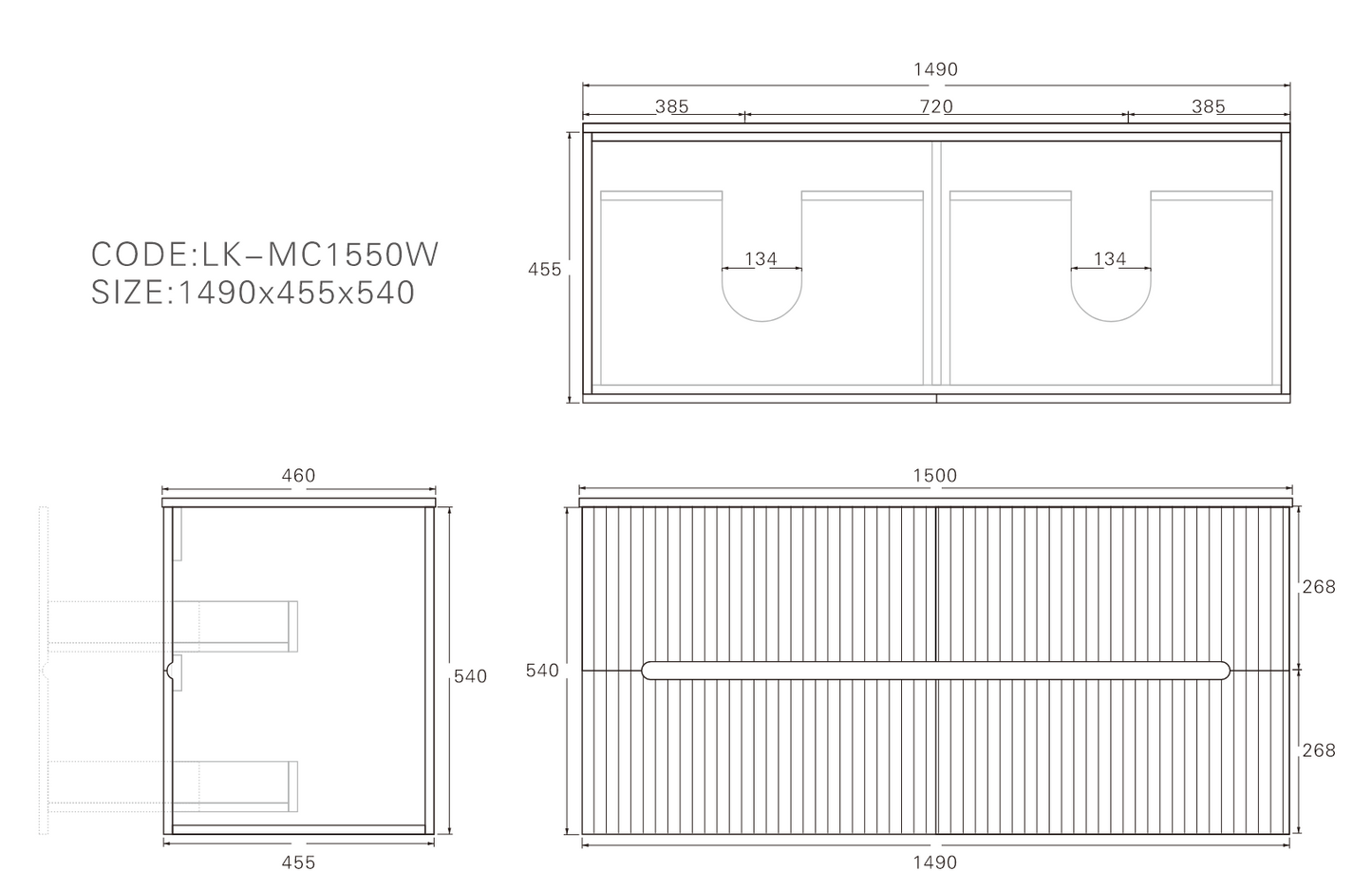 1500mm Cabarita Fluted Wall Hung PVC Double Bowl Cabinet - Matt White - Cabinet Only