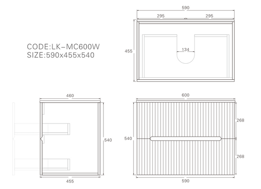 600mm Cabarita Fluted Wall Hung PVC Cabinet - Matt Black - Cabinet Only