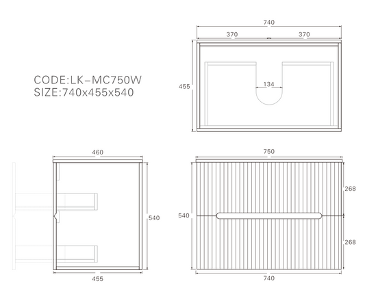 750mm Cabarita Fluted Wall Hung PVC Cabinet - Matt Black - Cabinet Only