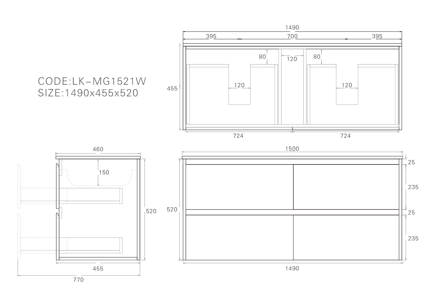 1500mm Gladstone Wall Hung Plywood Cabinet - Sandy Oak Woodmatt - Cabinet Only