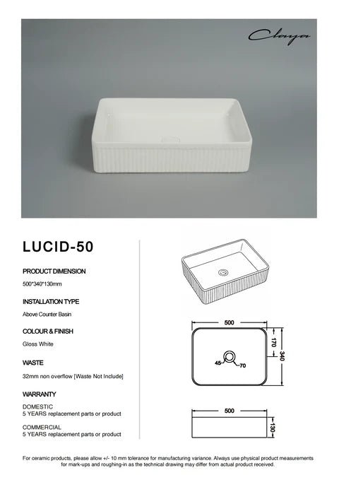 500*340*130mm Gloss White with Fluted Design Above Counter Basin