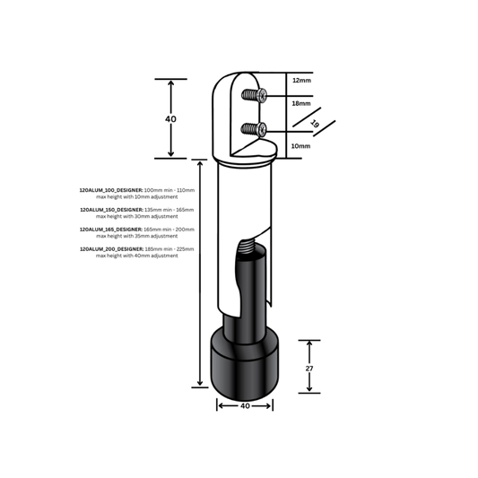 120 Designer Series Aluminium Heavy Duty Leg – 150mm with 40mm Adjustment Finish: Designer Black