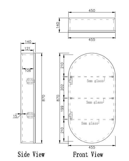 450mm Matt white Matt white Oval shape 1 Door shaving cabinet with 2 adjustable glass shelves and 1 fixed shelf, whloe body is made by plywood - 450 x 870 x 140