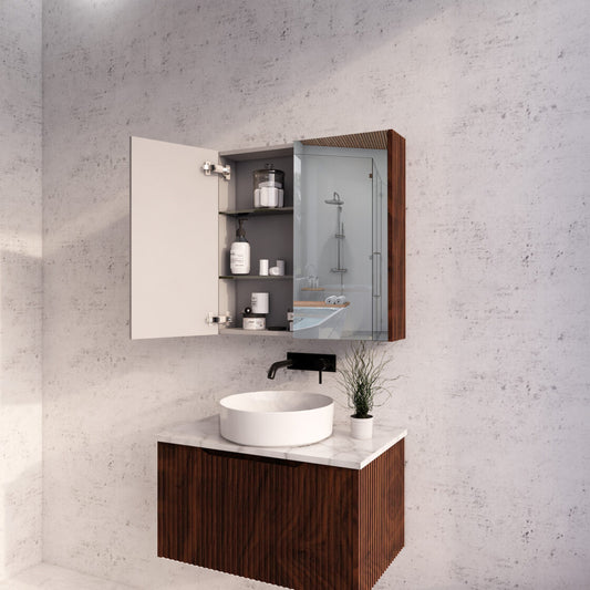 750mm Brown Oak Fluted Shaving Cabinet -W750xH720xD150