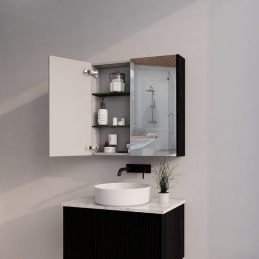 750mm Matt Black Fluted Shaving Cabinet -W750xH720xD150