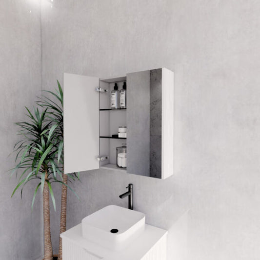 600mm Matt White Fluted Shaving Cabinet -W600xH720xD150