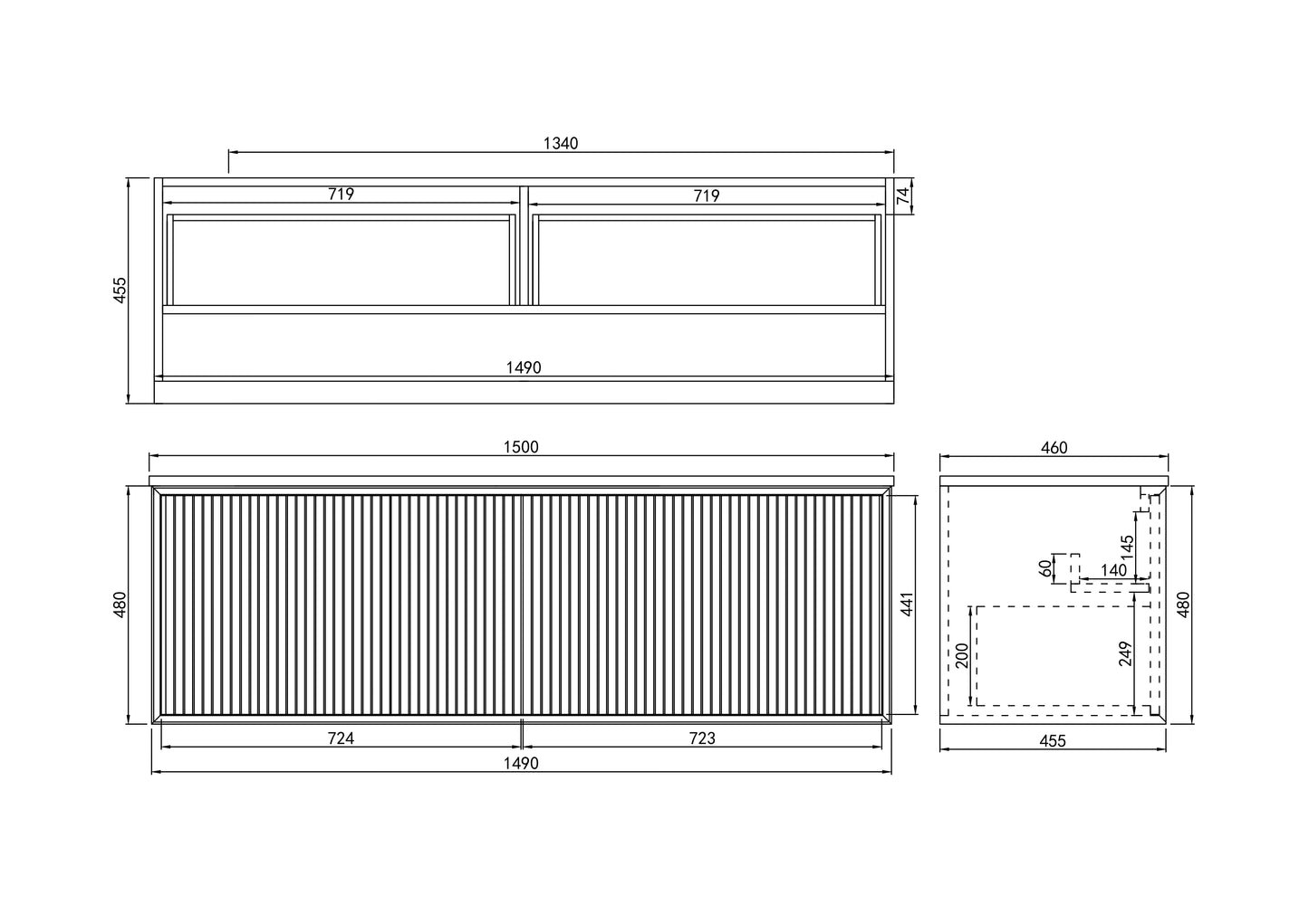 1500mm Kliff Fluted Wall Hung PVC Cabinet - Matt Black - Cabinet Only