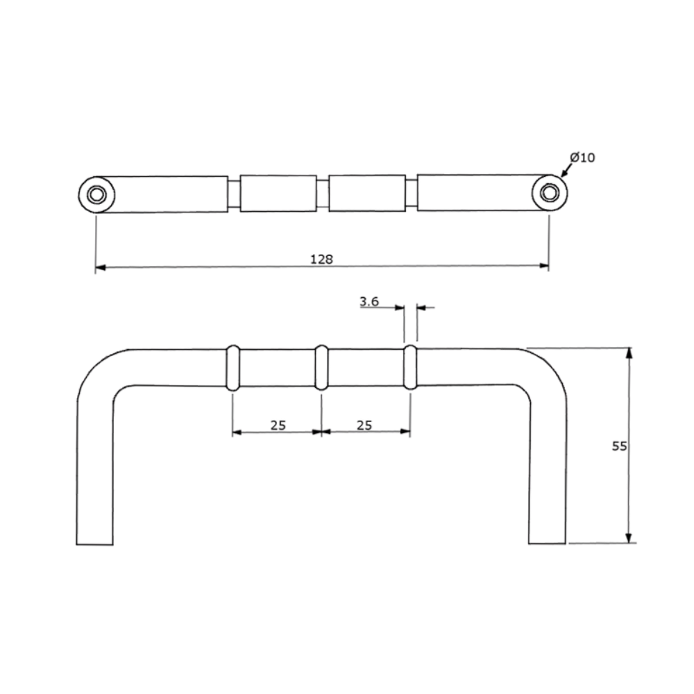 “D” Handle with Clear Rubber Stoppers – 128mm C to C SS