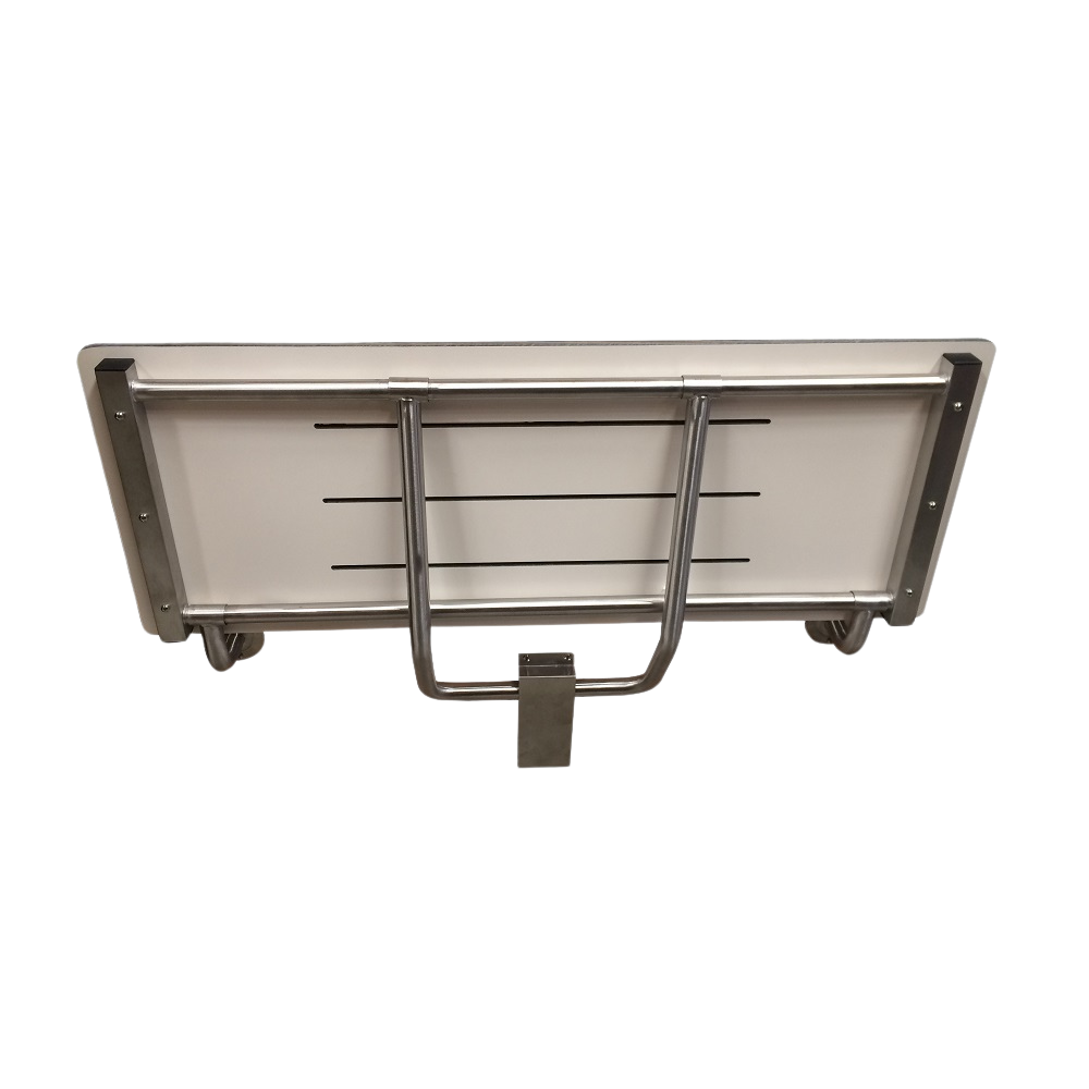 Accessible Folding Shower Seat – 960mmL x 397mmW with 12mm Off White Phenolic Seat Top with Handle and Satin Stainless Steel Frame