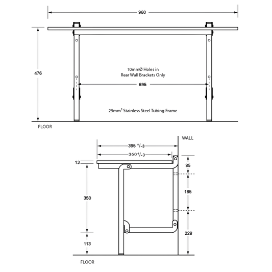Accessible Folding Shower Seat - 960mmL x 395mmW with 13mm White Compact Laminate Seat Top and Satin Stainless Steel Frame