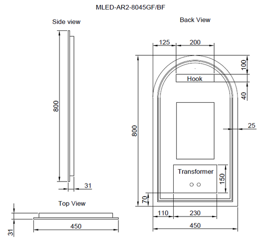 450mm Brushed Nickel Framed LED Mirror - 450 x 800 x 45