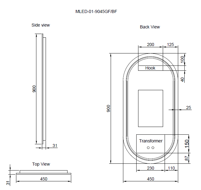 450mm Gold Framed LED Mirror - 450 x 900 x 45