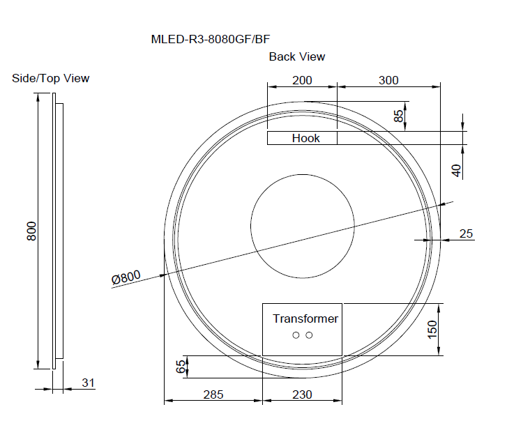 800mm Black Framed LED Mirror - 800 x 800 x 45