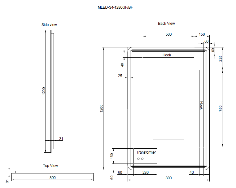1200mm Black Framed LED Mirror - 1200 x 800 x 45