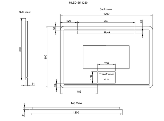 Rectangle Frameless LED Mirrors 1200x800mm