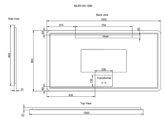 Rectangle Frameless LED Mirrors 1500x800mm