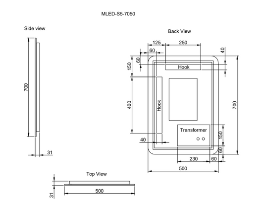 Rectangle Frameless LED Mirrors 500x700mm