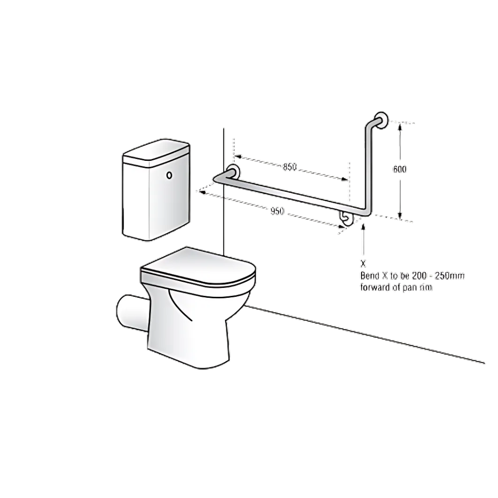 Bariatric 90° Flush Mount Side Wall Left Hand Grab Rail – 950mm x 600mm, Satin Stainless Steel